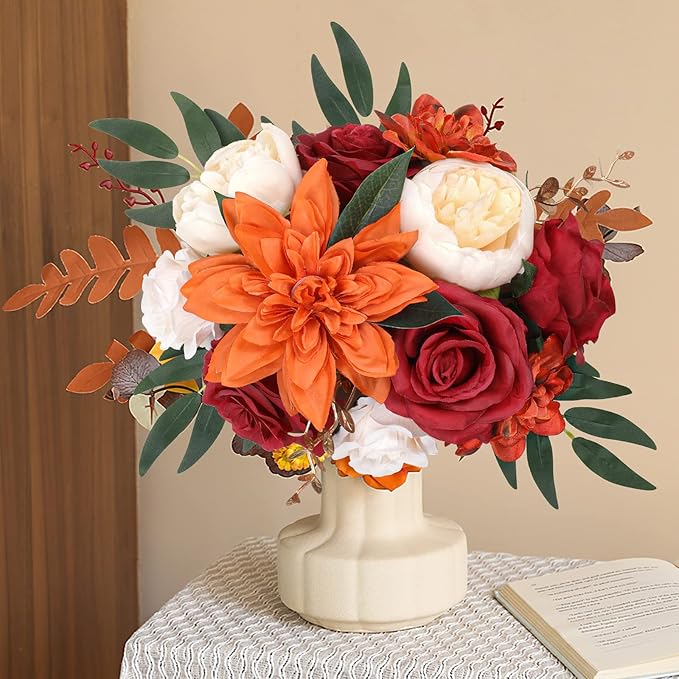 AmyHomie Orange Artificial Flowers Combo Silk Mix Peony Rose Hydrangea Fake - Image 5