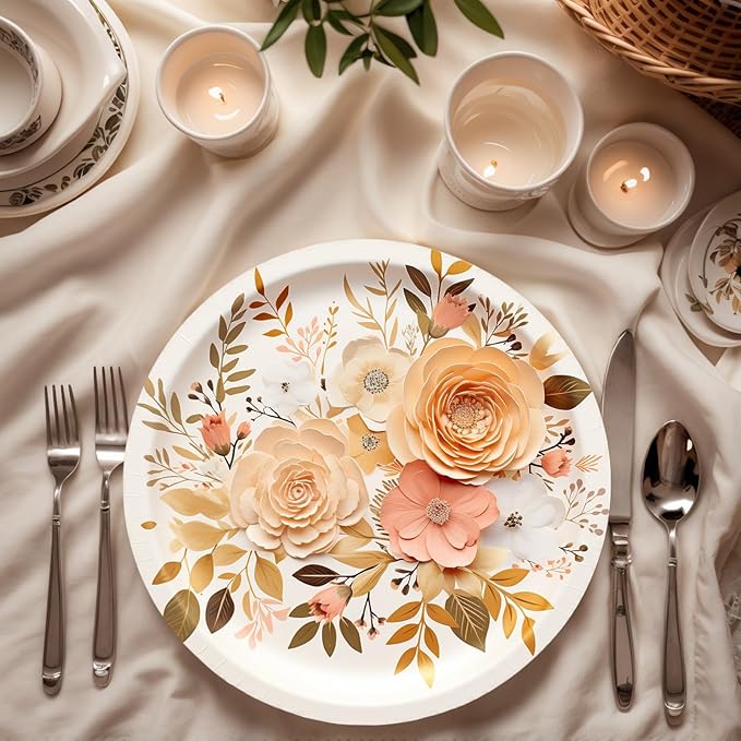 Boho Fall Plates and Napkins Sets, Floral Paper Plates Supplies Serves 50 - Image 7