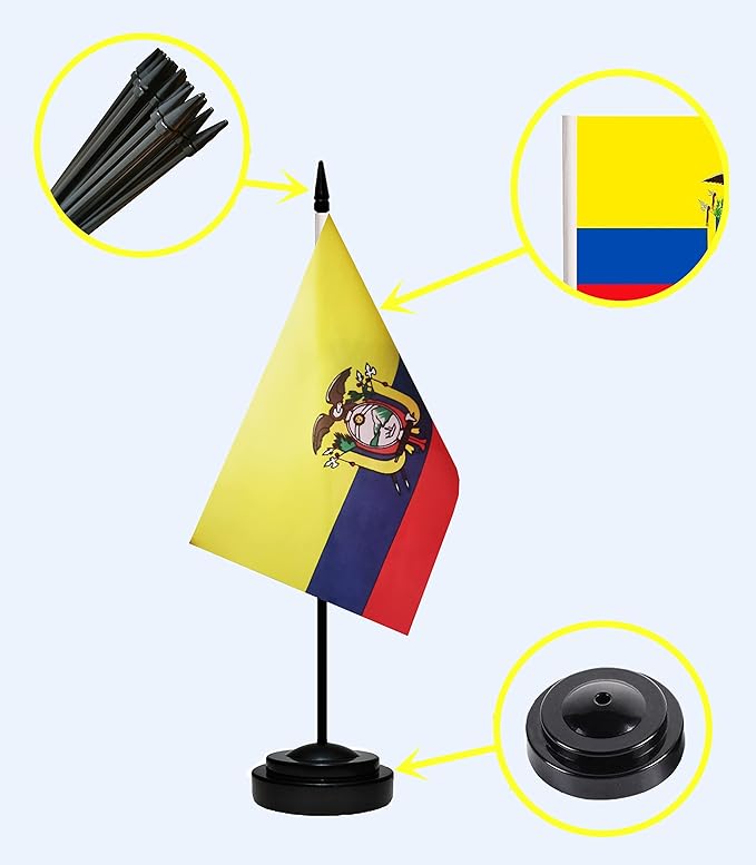 Ecuador Ecuadorian Deluxe Desk Flag Set Small Mini Miniature Ecuador Ecuadorian - Image 2