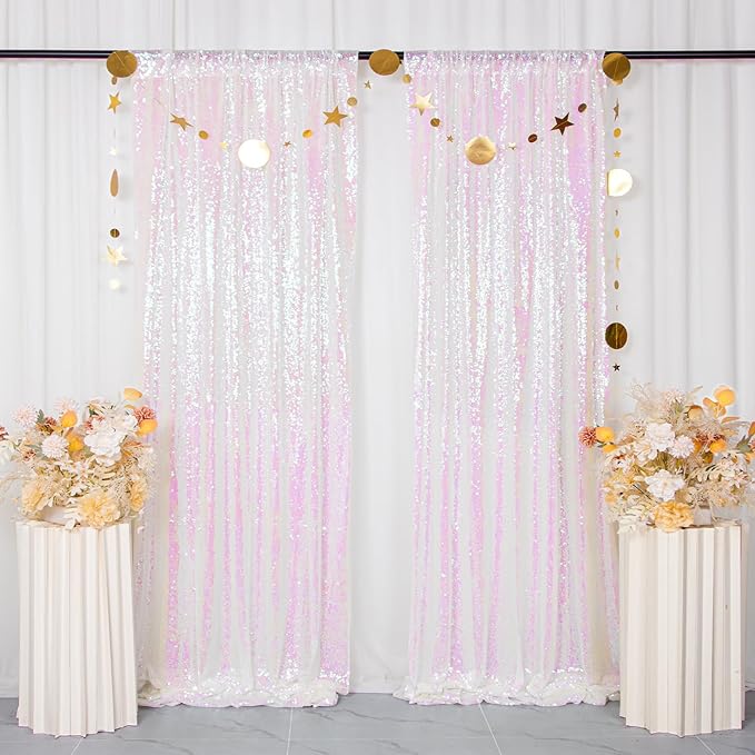 ShinyBeauty Sequin Backdrop 4 Panels White Sequin Curtains Photo Backdrop - Image 3