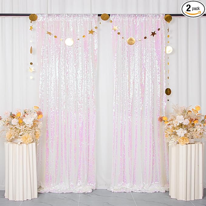 ShinyBeauty White Sequin Backdrop 4FTx8FT 2 Pieces Iridescent White Backdrop by ShinyBeauty