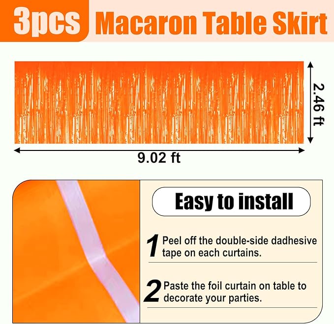 3 Pack 29x108 Inch Macaron Orange Foil Fringe Table Skirts Metallic Banner - Image 2