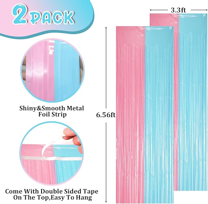 2 Pack Pastel Blue and Pink Foil Fringe Backdrop Curtains, Tinsel Streamers - Image 2