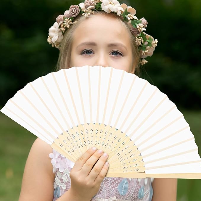 URATOT 36 Pieces White Folding Fans Silk Bamboo Folding Fans Handheld Fans - Image 7