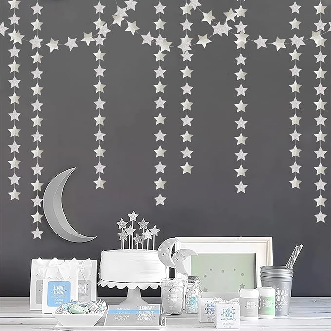 Glitter-Silver Party-Decorations Star Christmas Garland - 62ft Birthday Twinkle - Image 4