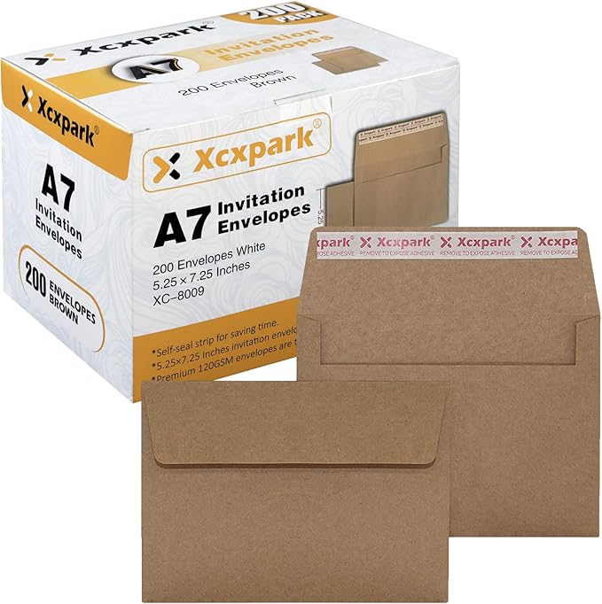 200 Qty Printable A7 Invitation Envelopes 5.25 x 7.25, Self Seal 120GSM Brown by Xxcxpark