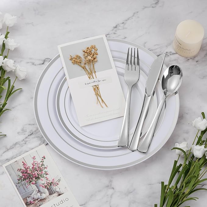 BESTVIP 300PCS Plastic Dinnerware Set, Anniversary, Includes: Dinner Plates - Image 2