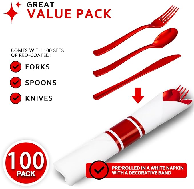 400PCS Pre Rolled Red Plastic Silverware Sets - Image 2