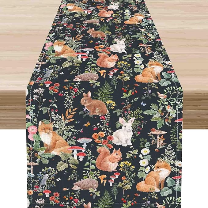 Rustic Forest Table Runner, Farmhouse Wild Woodland Animals Country Fox Rabbits by Unknown