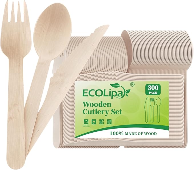 ECOLipak 300 Count Disposable Wooden Cutlery Set, 100 Knives, Forks and Spoons by ECOLipak
