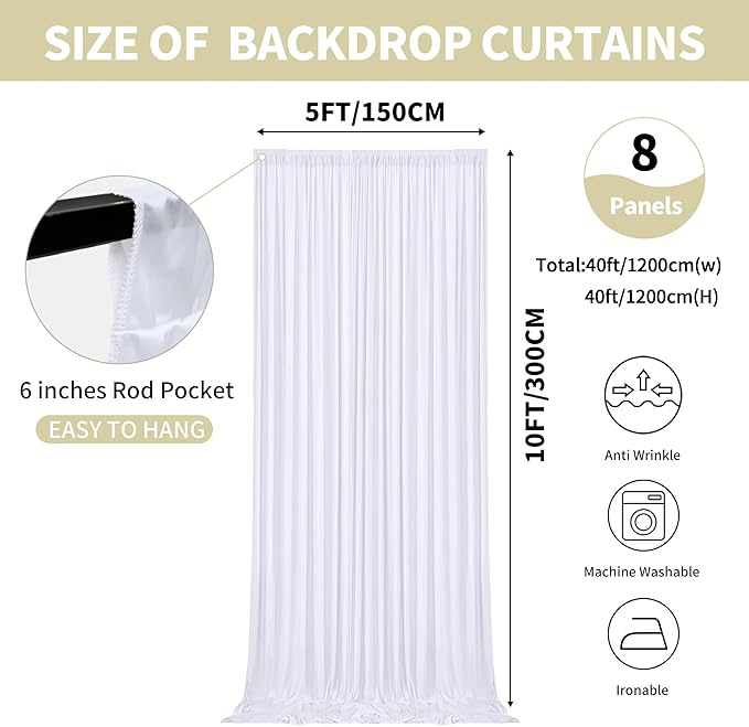 40x10ft Backdrop Curtains for Parties, 8 Panels 5x10ft Photography Backdrop - Image 2