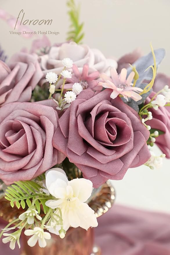 Floroom Artificial Flowers 25pcs Real Looking Mauve Ombre Colors Foam Fake Roses - Image 3
