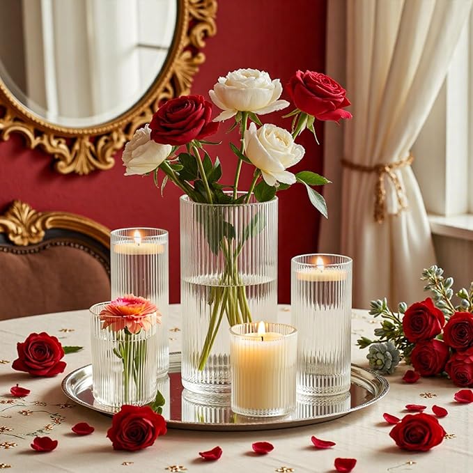 3 Pack Ribbed Glass Cylinder Vases 4, 10 Inch Tall Clear Flower Vase Hurricane - Image 4