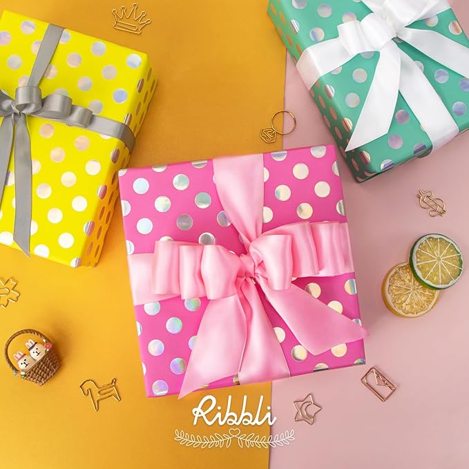 Ribbli Birthday Polka Dots Wrapping Paper Mini Roll, 3 Rolls Fluorescent Pink - Image 3