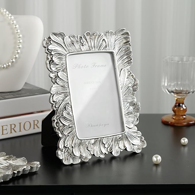 4x6 Silver Picture Frame, Vintage Silver Palm Leaves Textured Hand-Crafted - Image 4