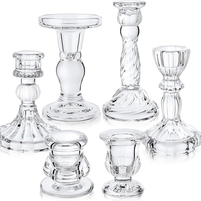 Mumufy 6 Pcs Glass Crystal Taper Candle Holders Clear Glass Candlestick Holder by Mumufy