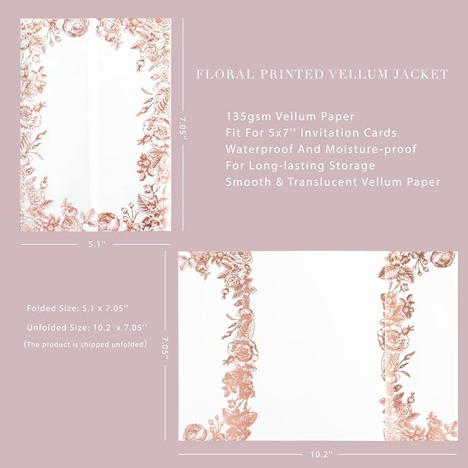 PONATIA 50 PCS Vellum Jackets for 5x7 Wedding Invitation Cards- 135gsm Floral - Image 4