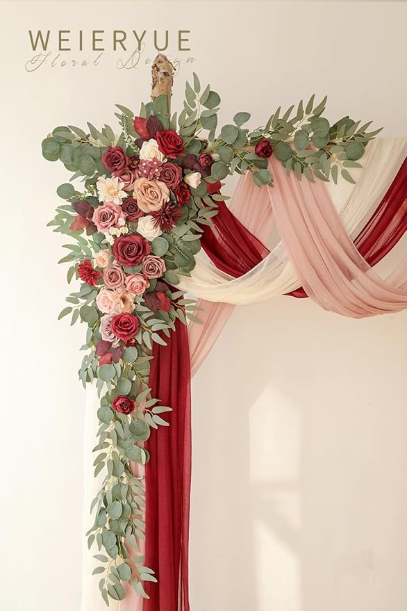 Deluxe Wine Red Artificial Wedding Arch Flowers - Image 3