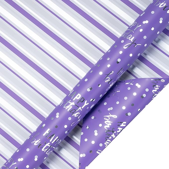 LeZakaa Reversible Purple Birthday Wrapping Paper Roll - Image 9