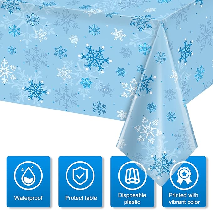 12 Pieces Christmas Snowflake Party Tablecloth Decorations, Plastic Ice Blue - Image 3