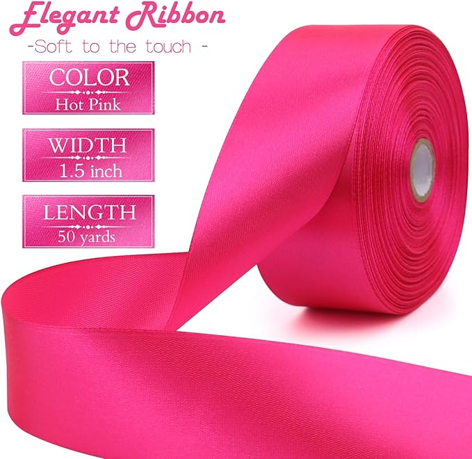 Hot Pink Solid Satin Ribbon 1-1/2 Inch 50 Yards Solid Polyester Fabric Ribbon - Image 2