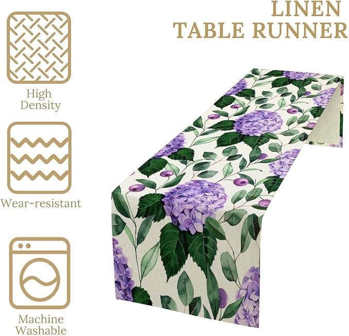 Spring Hydrangea Flower Table Runner, Seasonal Summer Plants Eucalyptus Leaves - Image 4