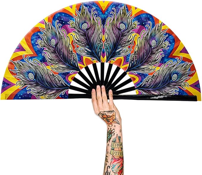 13" Large Rave Fan Bamboo, Folding Clack Hand Fans Foldable by Raveahem