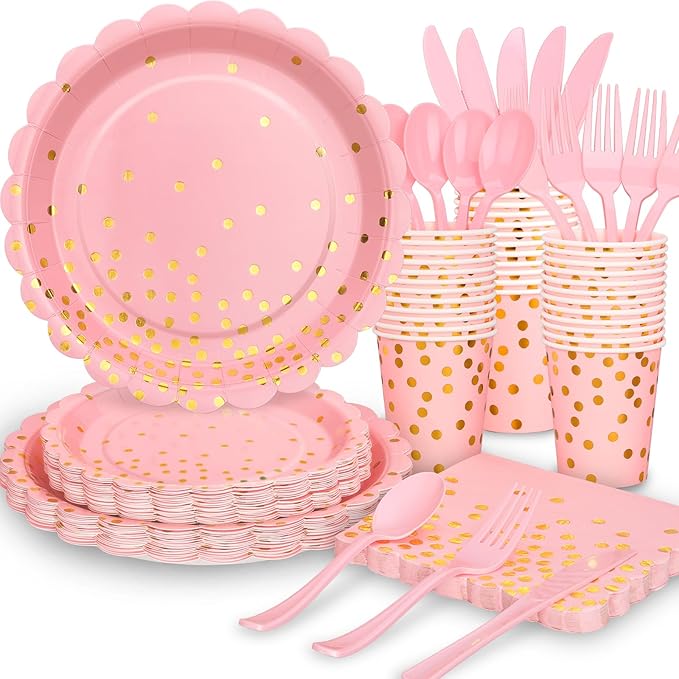 175 Pink Rose Gold Plates Napkins Party Decorations, Plastic Forks Knives by LOOWVY
