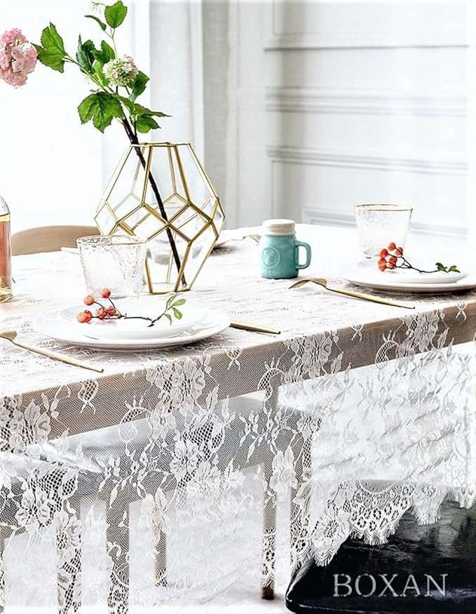 BOXAN 60x120 Inch Gorgeous White Lace Tablecloth Overlay Rose Vintage - Image 3