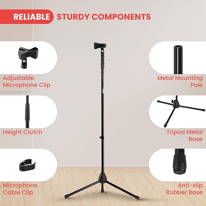 Pyle Tripod Microphone Stand, Height Adjustable from 39.37" to 66.14'' - Image 3
