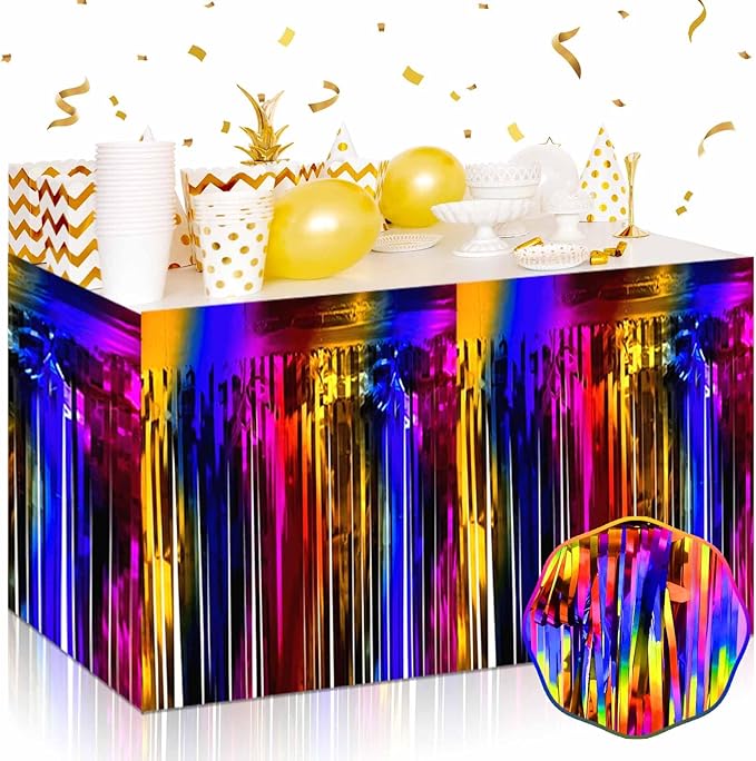 3 Pack 29 x108 Inch Rainbow Foil Fringe Table Skirts Metallic Banner by Mebiornt