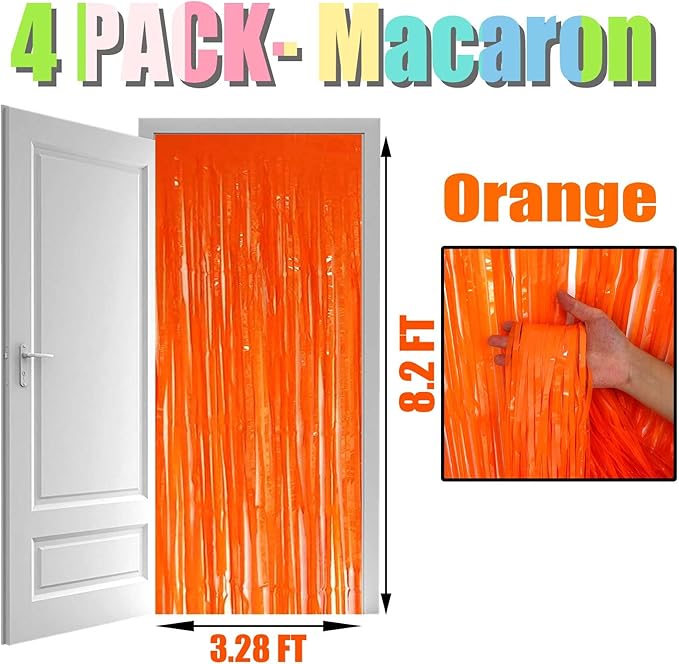 4 Pack Macaron Orange Foil Fringe Curtain Backdrop, 3.28Ft x 8.2Ft Metallic - Image 2