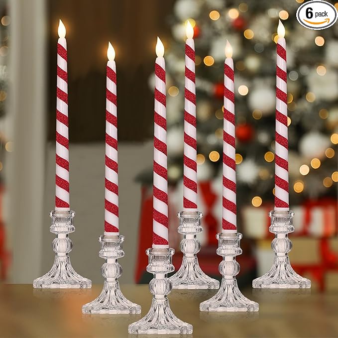 Baquler 6 Pcs Christmas Flameless Taper Candles 10.6 Inch Glitter Candy Cane by Baquler