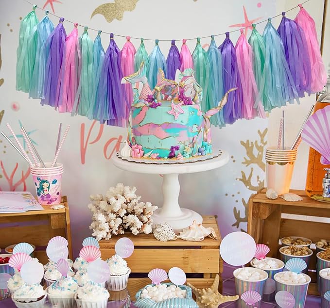 Blue Purple Mint Green Pink Tissue Paper Tassel Garland, Tissue Tassel Banner - Image 5