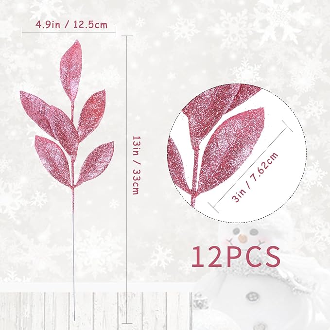 GREENTIME 12 Pack Artificial Pink Glitter Leaves 13" Fake Christmas Picks - Image 4