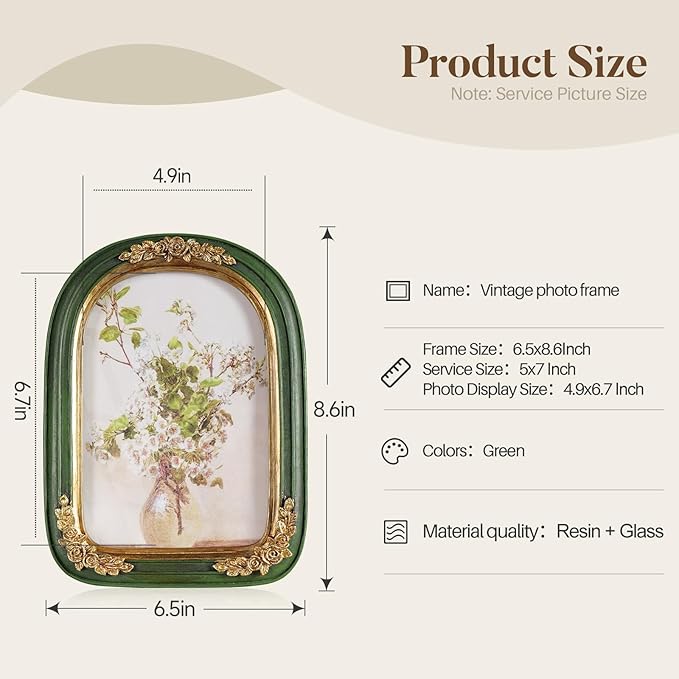 Cuspin Vintage 5x7 Picture Frame, Ornate Gold Green Arch Frames Resin Photo - Image 6