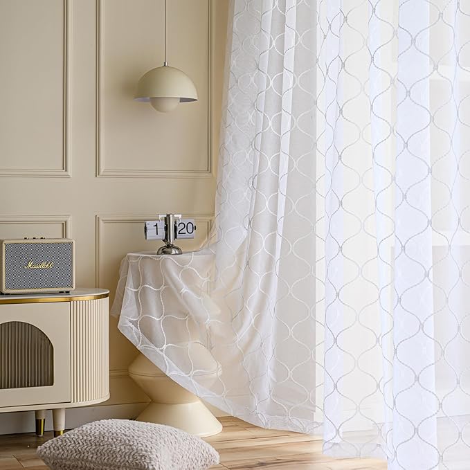 MYSTIC-HOME Embroidery White Sheer Curtains 84 Inches Long, Rod Pocket Sheer by MYSTIC-HOME