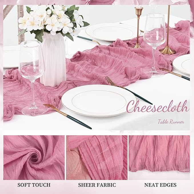 12 Pack Dusty Rose 10FT Cheesecloth Table Runner 20 x 120 Inch Long Rustic - Image 3