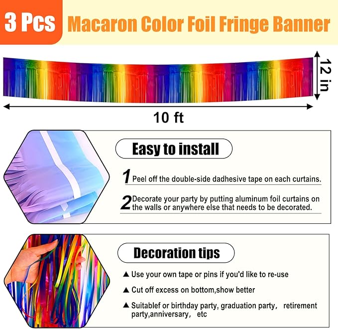 3 Pack 10 Feet Dark Rainbow Foil Fringe Garland Metallic Tinsel Streamers - Image 2