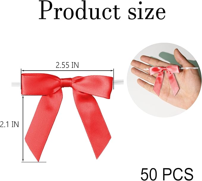 50Pcs Red Twist Tie Bows for Gift Wrapping 2.5" Satin Ribbon Bow for Treat Bags - Image 5