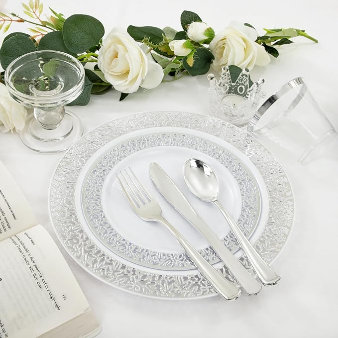 WELLIFE 350pcs Silver Party Dinnerware Set - Image 7