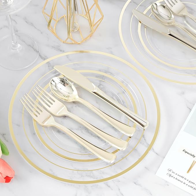 300PCS Clear Gold Plastic Plate Set, Disposable Dinnerware Set - Image 2