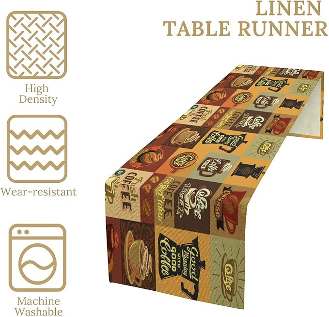 Coffee Table Runner, Vintage Style Coffee Beans Cups Theme Design Pattern Print - Image 3