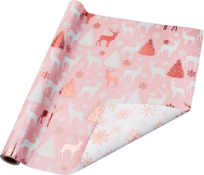 LeZakaa Christmas Pink Wrapping Paper Jumbo Roll, Reindeer & Snowflake - Image 7