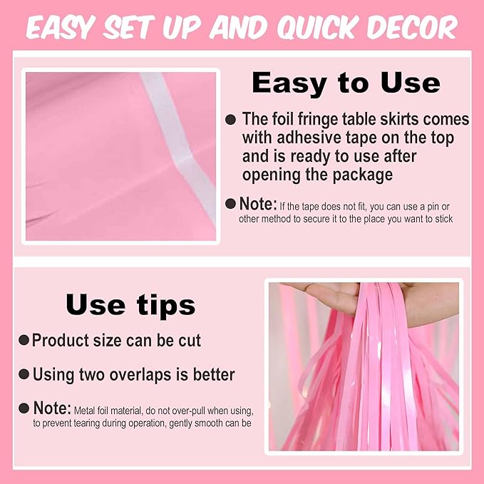 3 Pack 29 x108 Inch Macaron Pink Foil Fringe Table Skirts Metallic Banner - Image 2