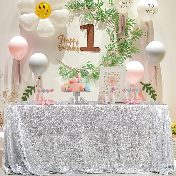 QueenDream Sequin Tablecloth 90x132 Inches Rectangular Silver Table Cloth - Image 4