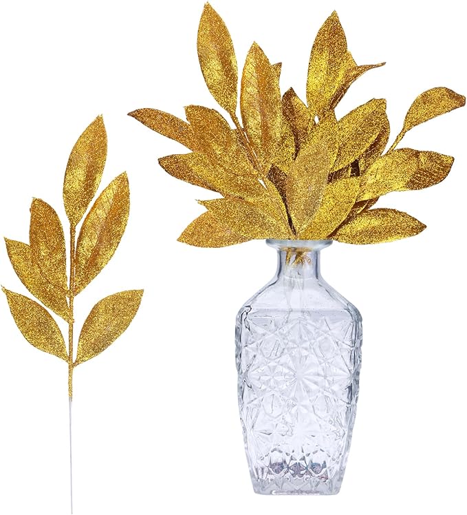 GREENTIME 12 Pack Artificial Golden Glitter Leaves 13" Fake Christmas Picks by Greentime