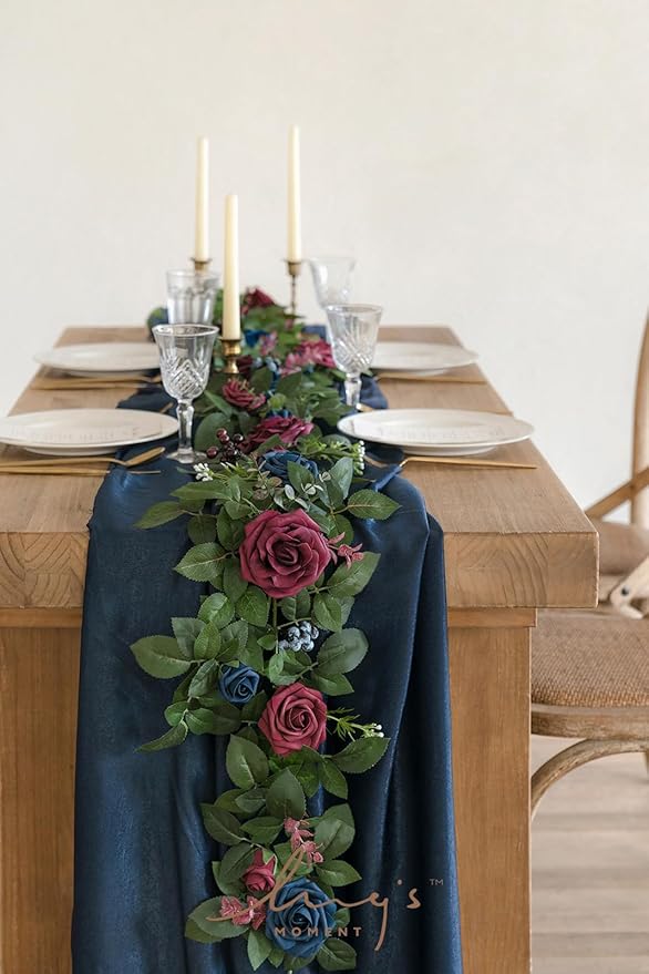 Ling's moment 5FT Burgundy Artificial Flower Garland Navy Blue Floral Arch - Image 5