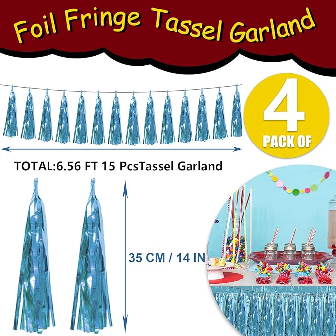 4P Light Blue Foil Fringe Tassel Banner Garland Metallic Tinsel Streamers Wall - Image 2