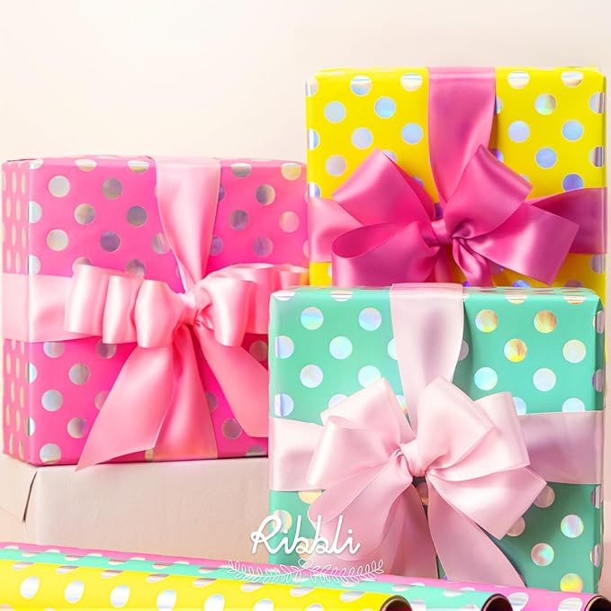 Ribbli Birthday Polka Dots Wrapping Paper Mini Roll, 3 Rolls Fluorescent Pink - Image 5